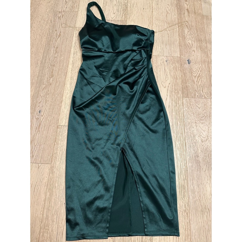 Emerald Sundae Womens Green Satin One Shoulder Ruched Midi Dress Slit Size S